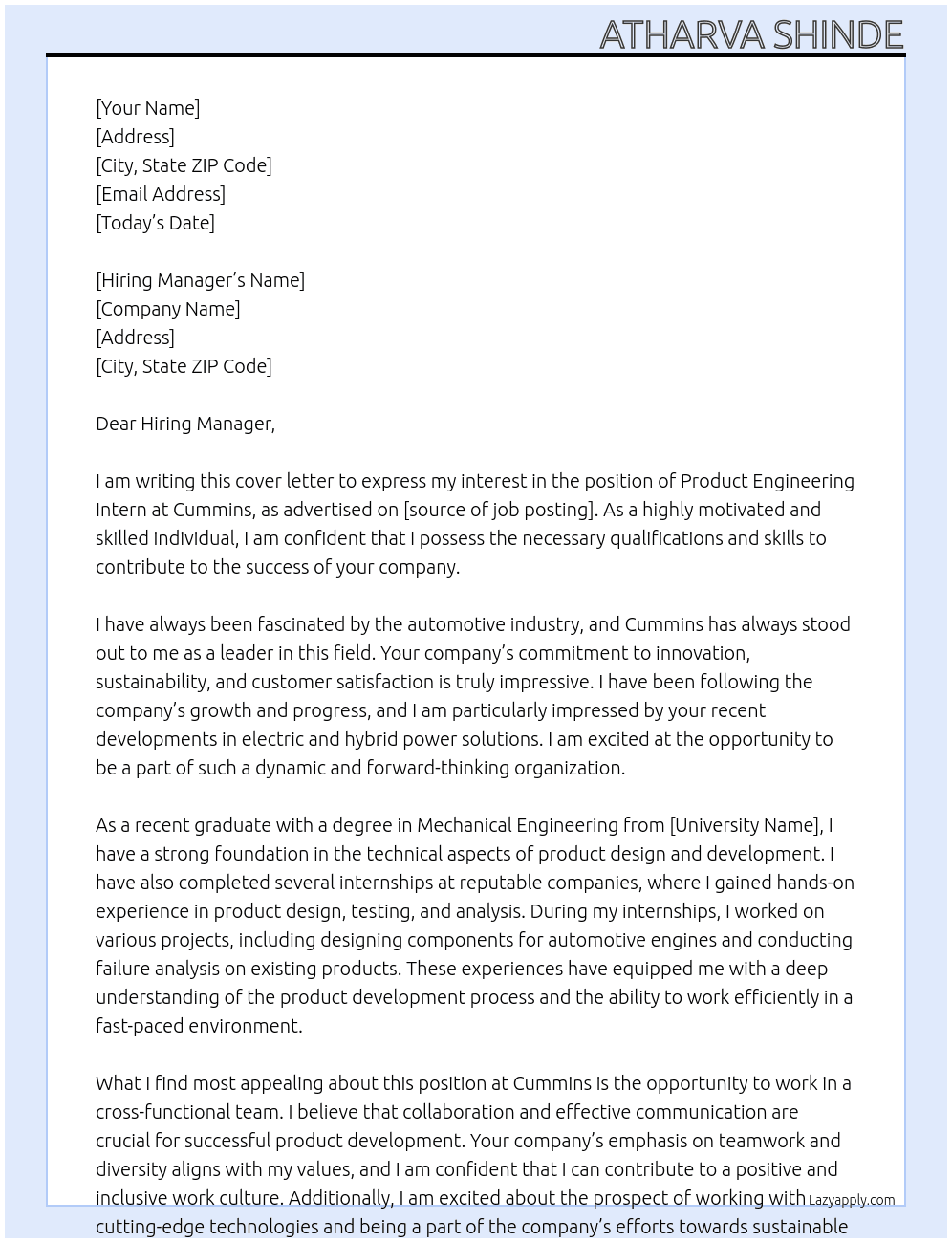 product engineering intern At cummins Cover Letter