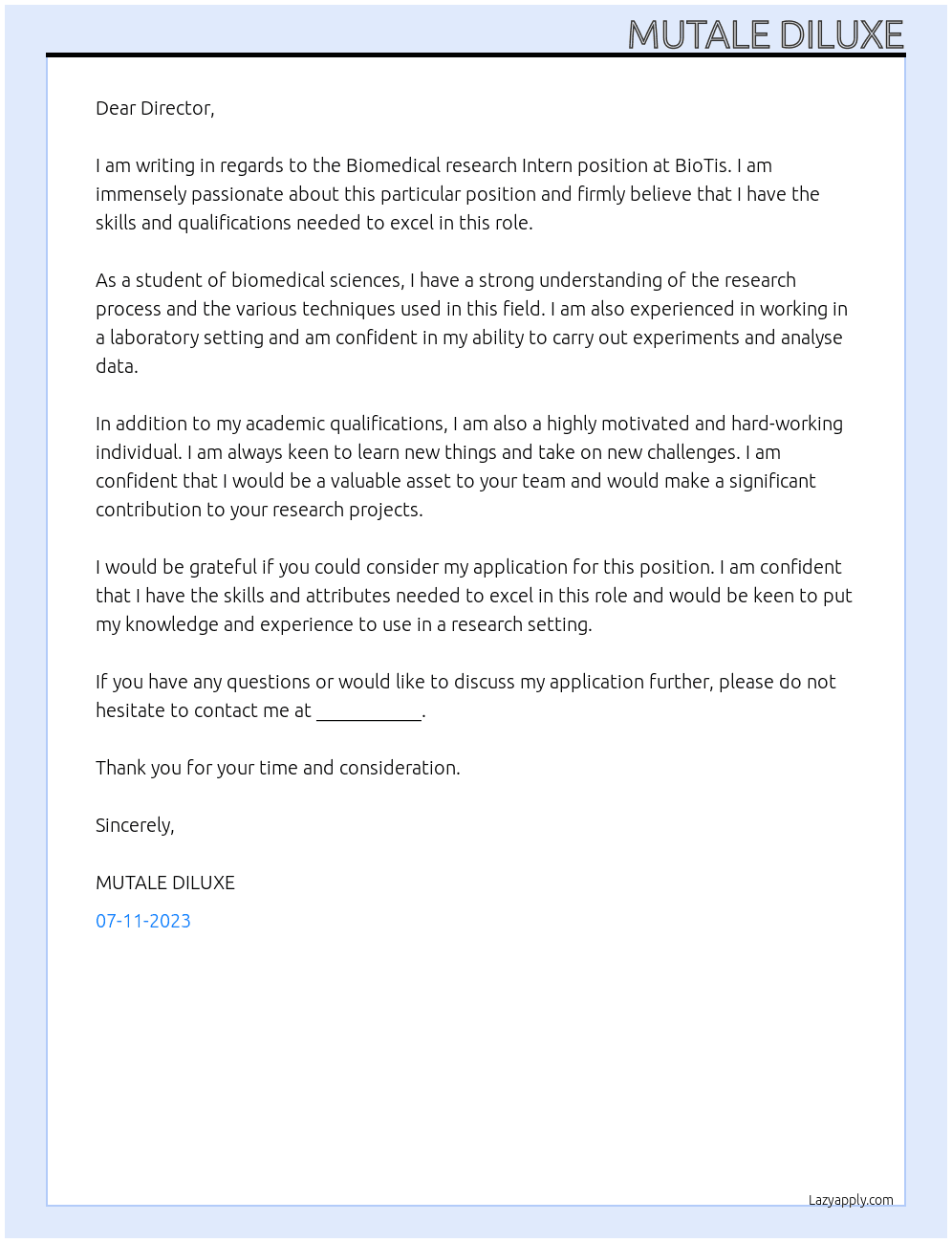 Biomedical research Intern At BioTis Cover Letter