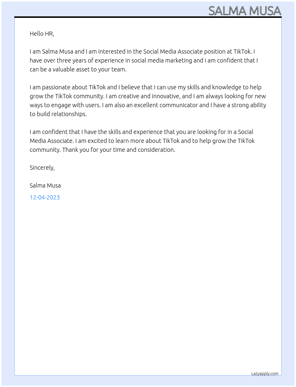 Social Media Associate, TikTok At DECIEM  Cover Letter