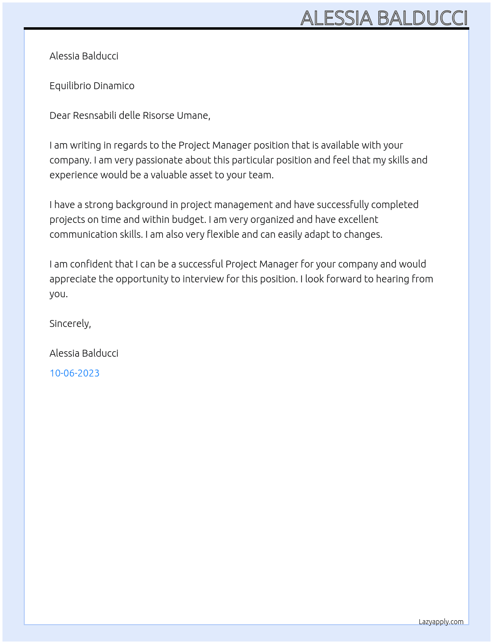 Project Manager At Equilibrio Dinamico Cover Letter