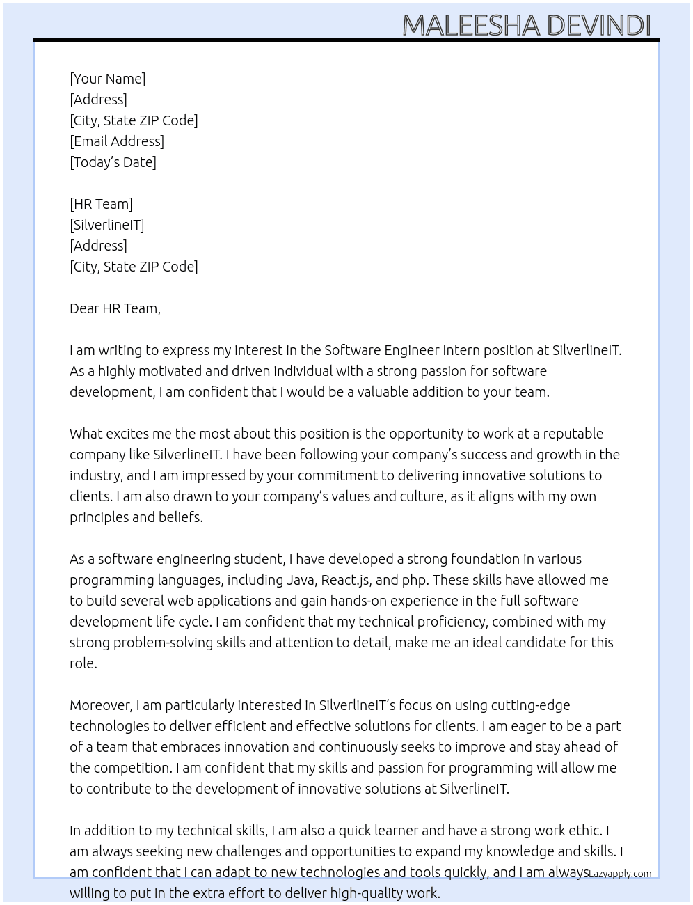 Software Engineer Intern At SilverlineIT Cover Letter