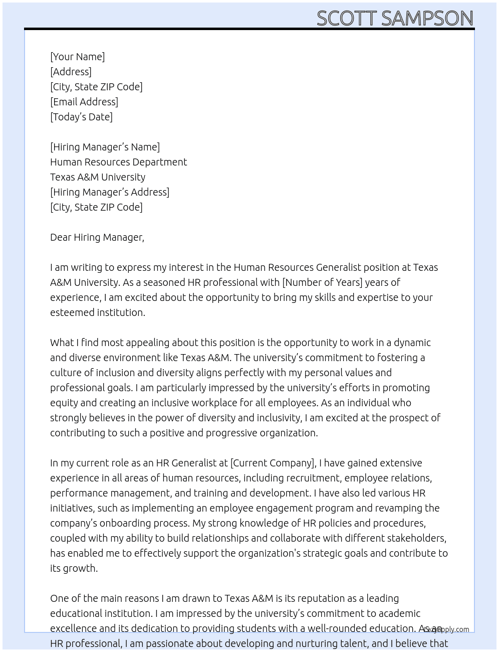 Human Resources Generalist At Texas A&M - Human Resources Department Cover Letter