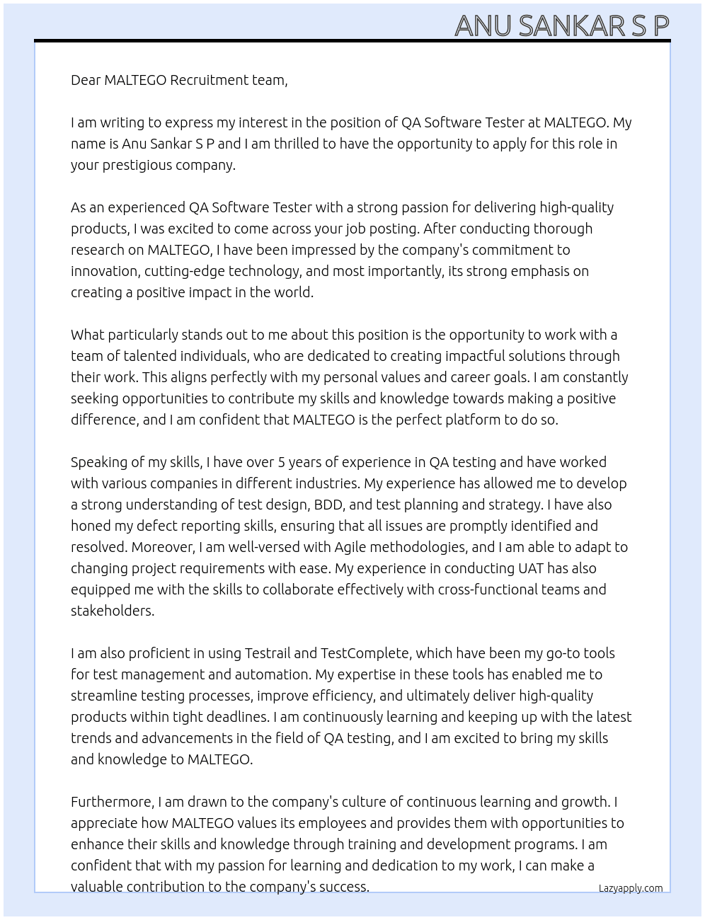 QA Software Tester At MALTEGO Cover Letter