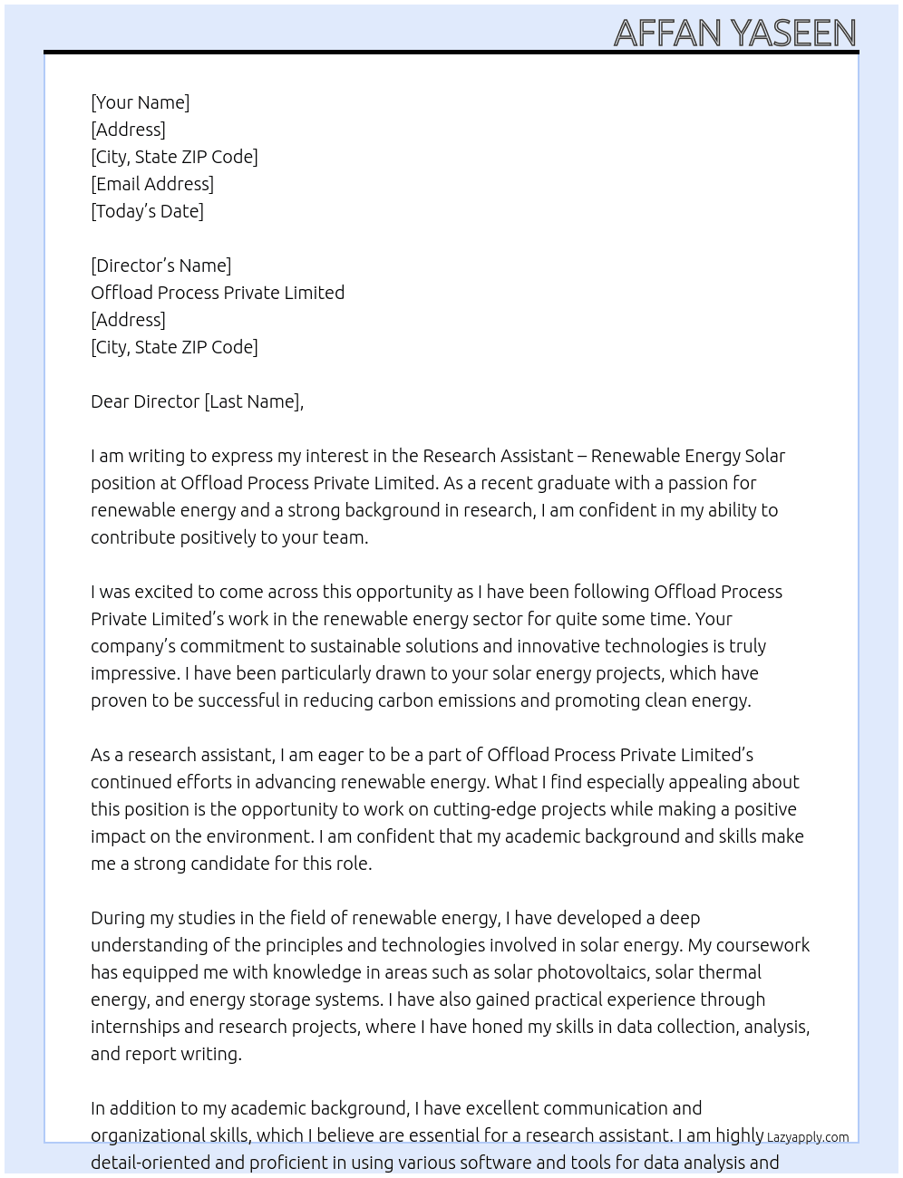 Research assistant-Renewable Energy Solar At Offload Process Private Limited Cover Letter