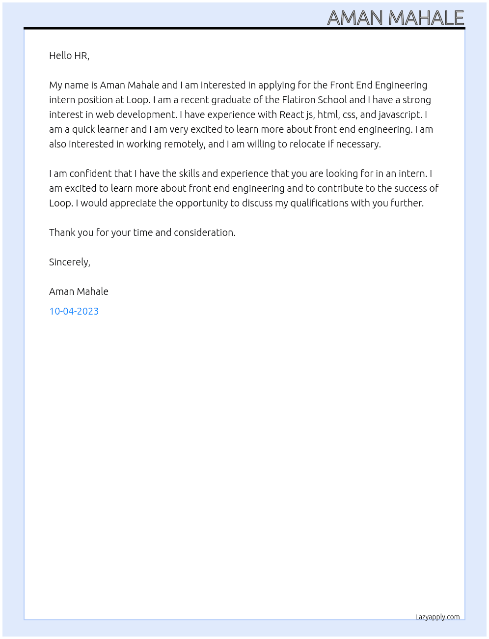 Front End Engineering intern  At Loop Cover Letter