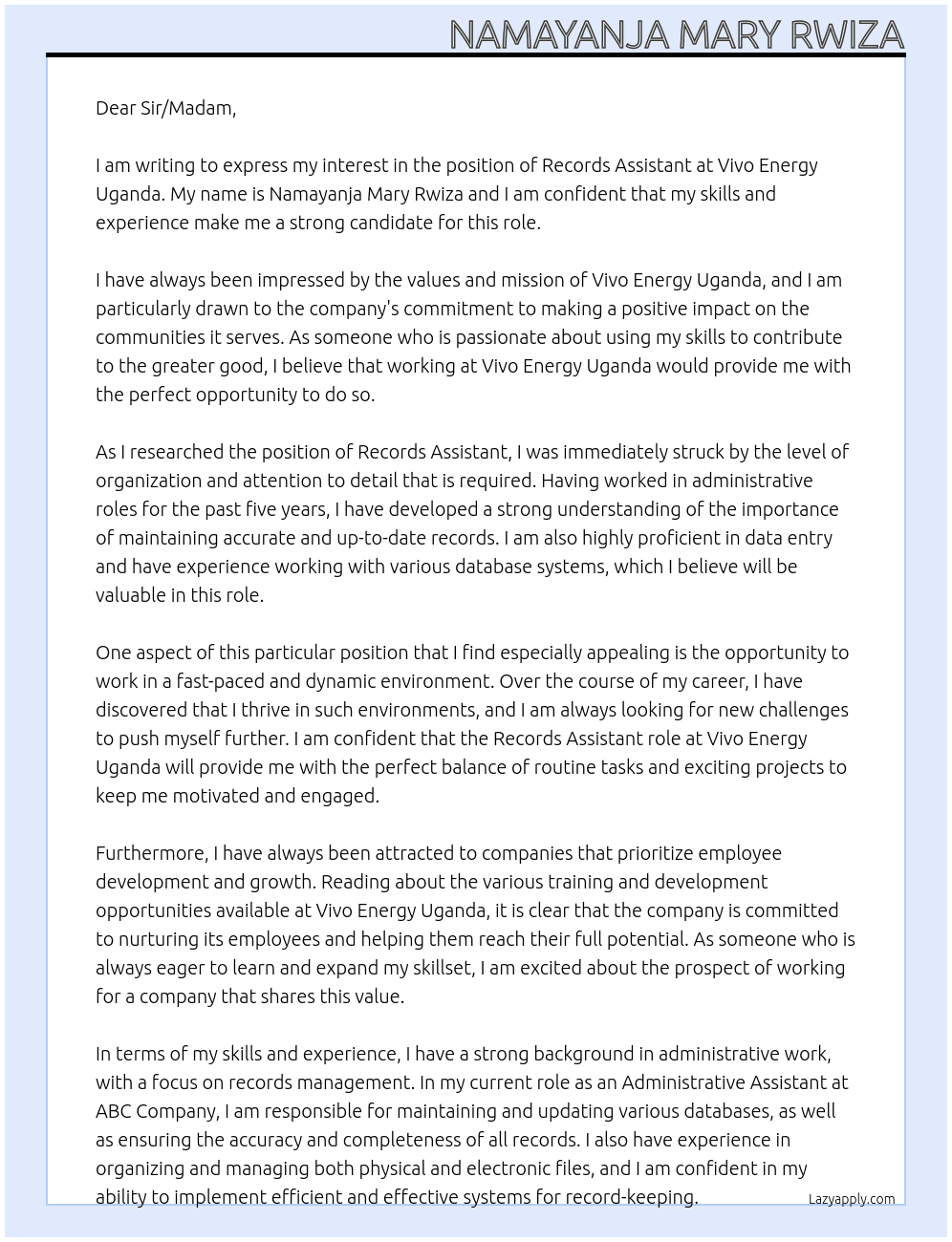 Records Assistant At Vivo Energy Uganda Cover Letter