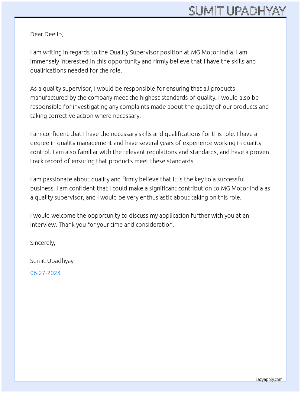 Quality Supervisor At MG Motor India Cover Letter