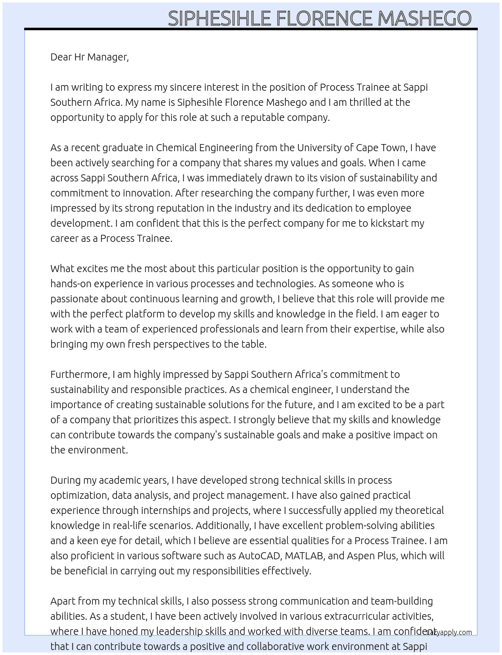 Process Trainee  At Sappi Southern Africa  Cover Letter