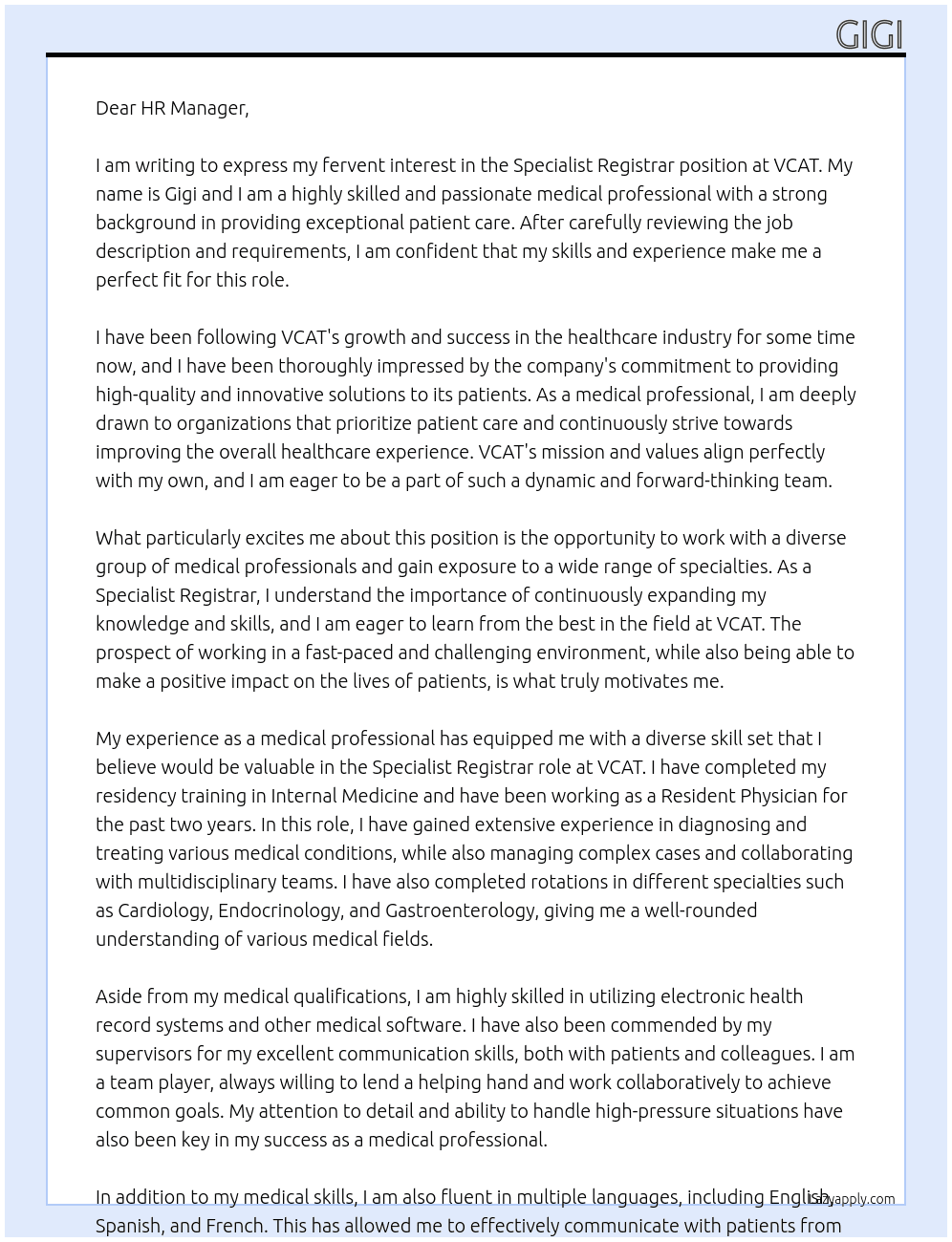 SPECIALIST REGISTRAR At VCAT Cover Letter