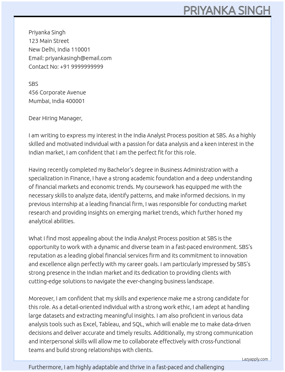 India Analyst Process At SBS Cover Letter