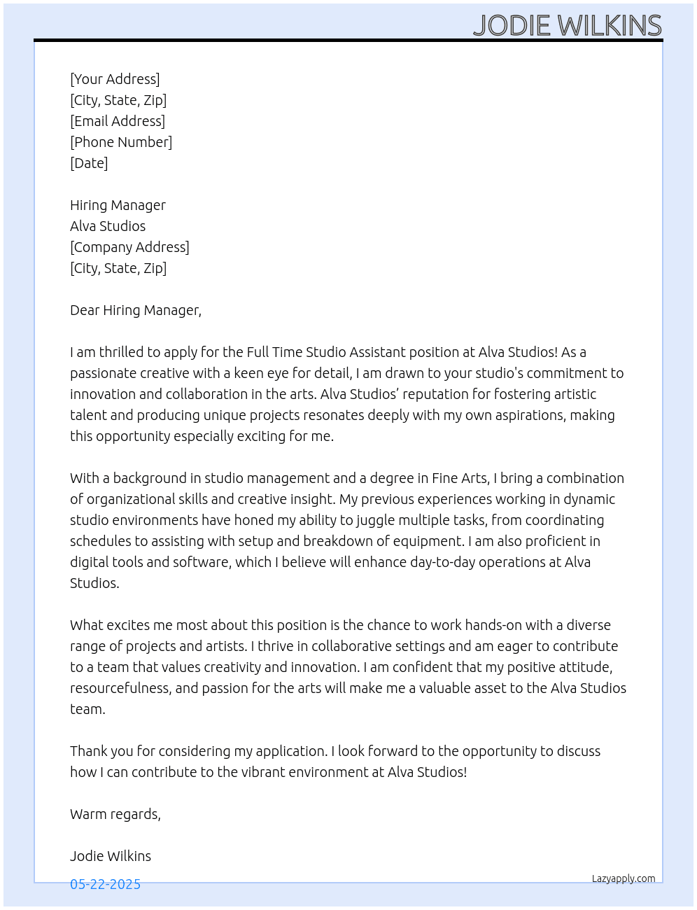 Cover letter for full time studio assistant - LazyApply