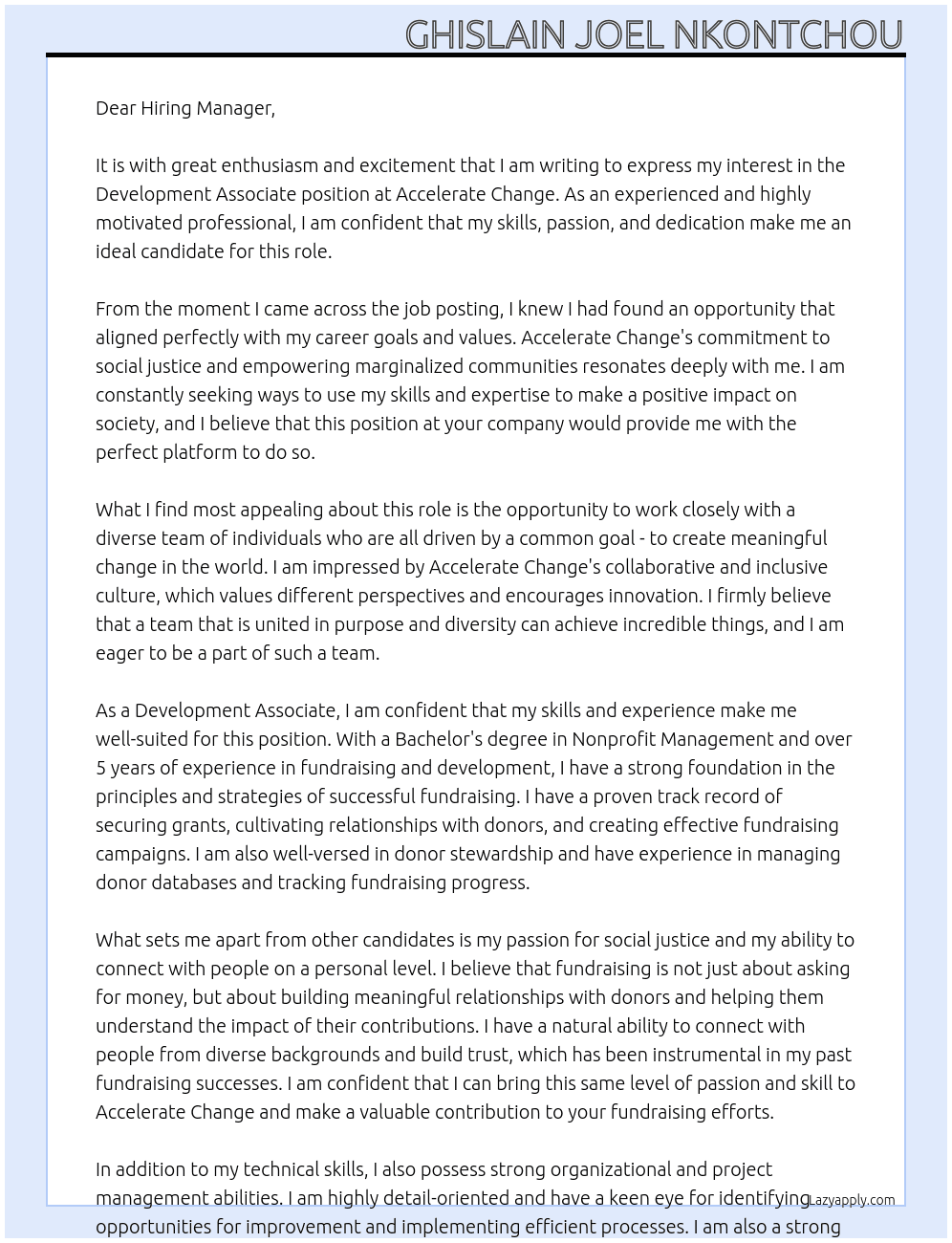 Development Associate At Accelerate Change Cover Letter