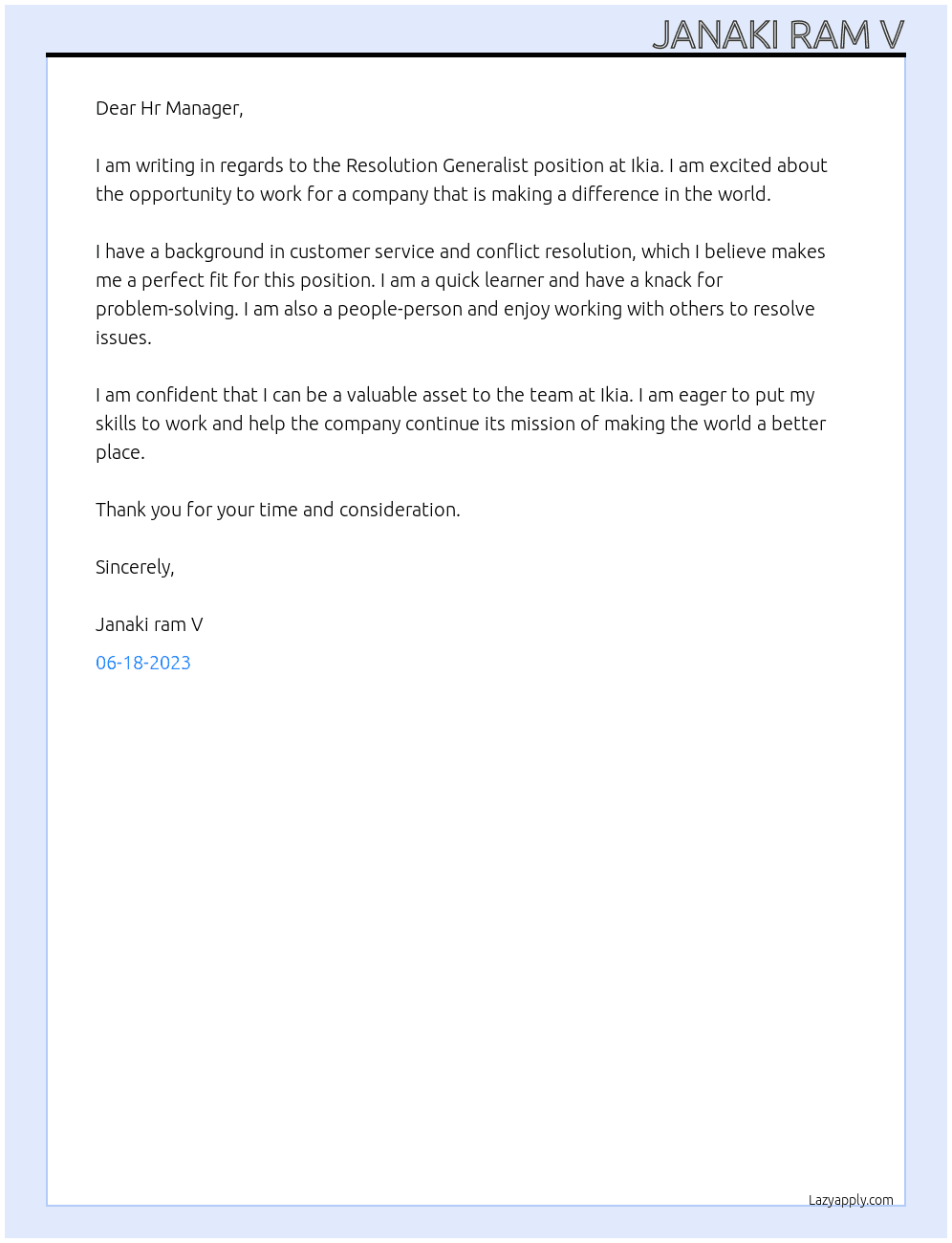 Resolution generalist  At Ikia Cover Letter