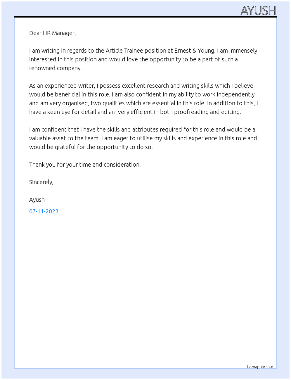 Article Trainee At Ernest & Young Cover Letter