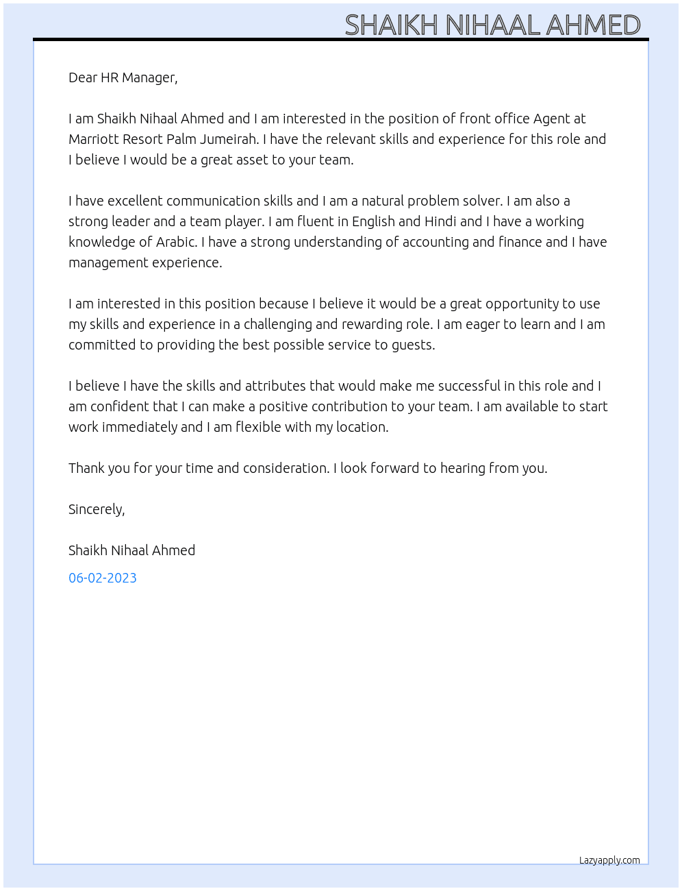Front office Agent  At Marriott Resort Palm Jumeirah  Cover Letter