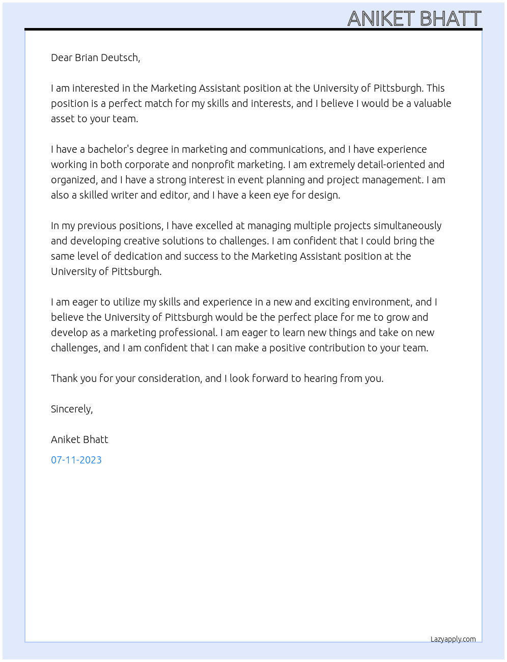 Marketing Assistant At University of Pittsburgh Cover Letter
