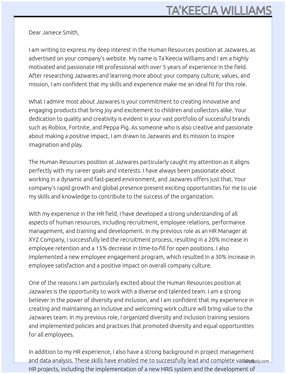 Human Resources At Jazwares Cover Letter