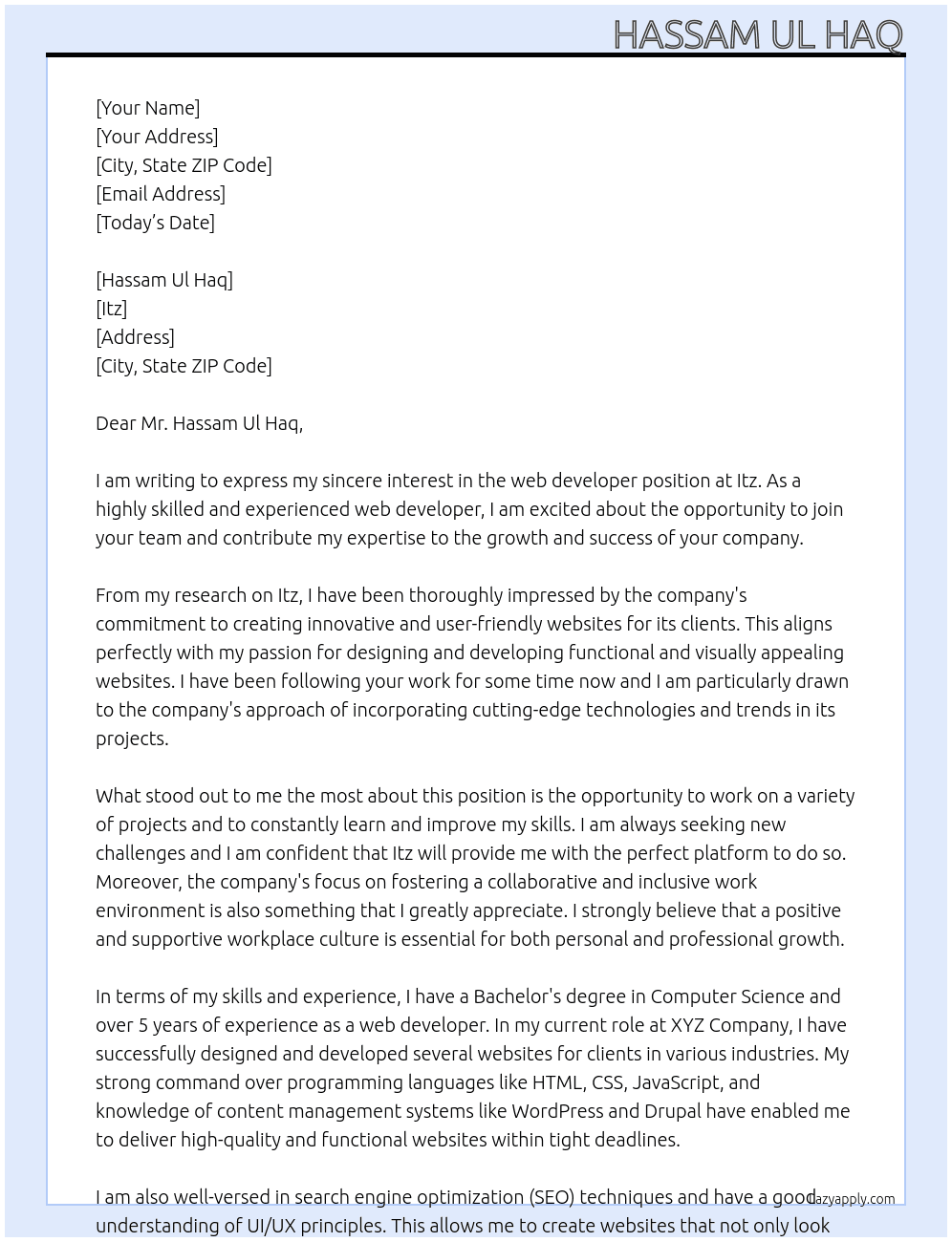 web developer At itz Cover Letter