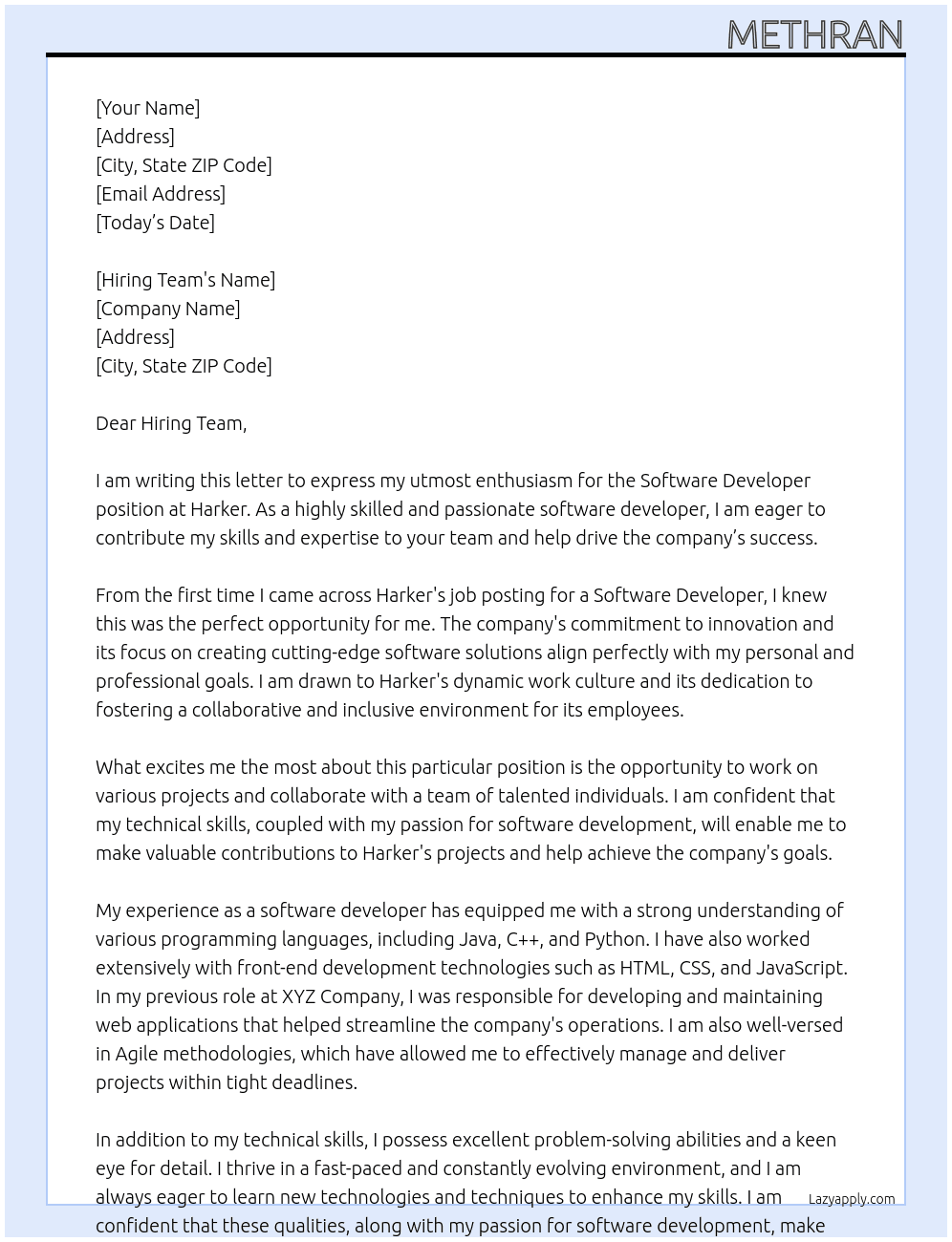 Software Developer At Harker Cover Letter