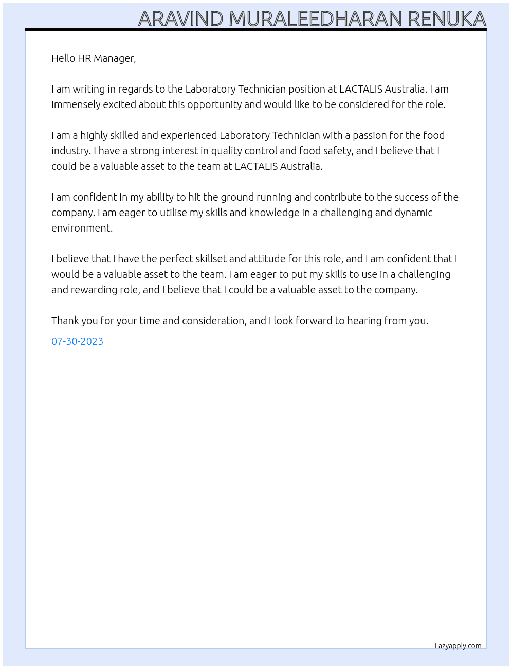 Laboratory Technician At LACTALIS Australia Cover Letter