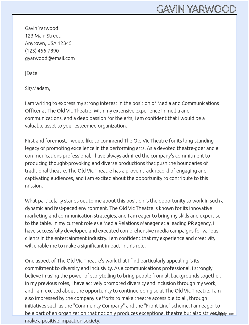 Media and Communications Officer At The Old Vic Theatre Cover Letter