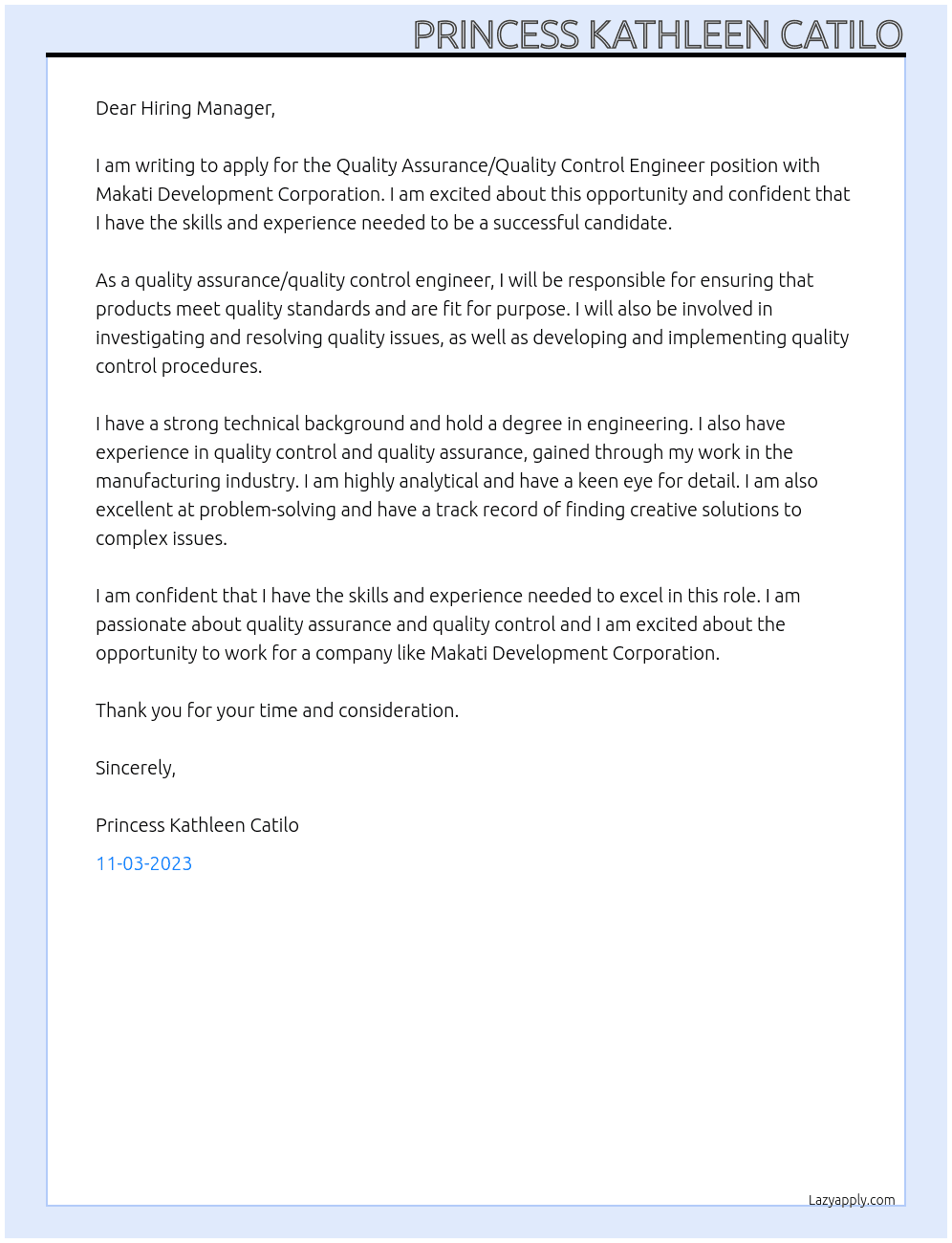 Quality Assurance/Quality Control Engineer At Makati Development Corporation Cover Letter