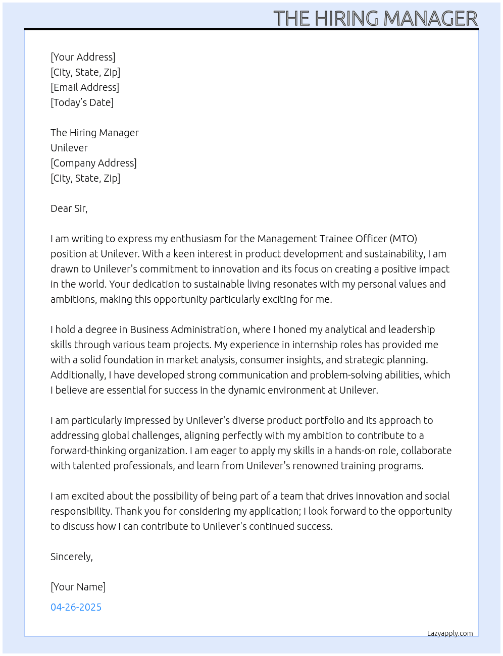 MTO At Unilever  Cover Letter