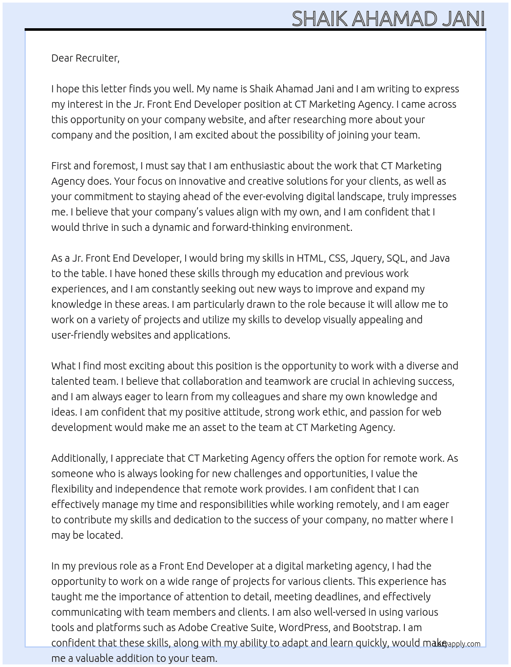 Jr. Front End Developer At CT Marketing Agency Cover Letter