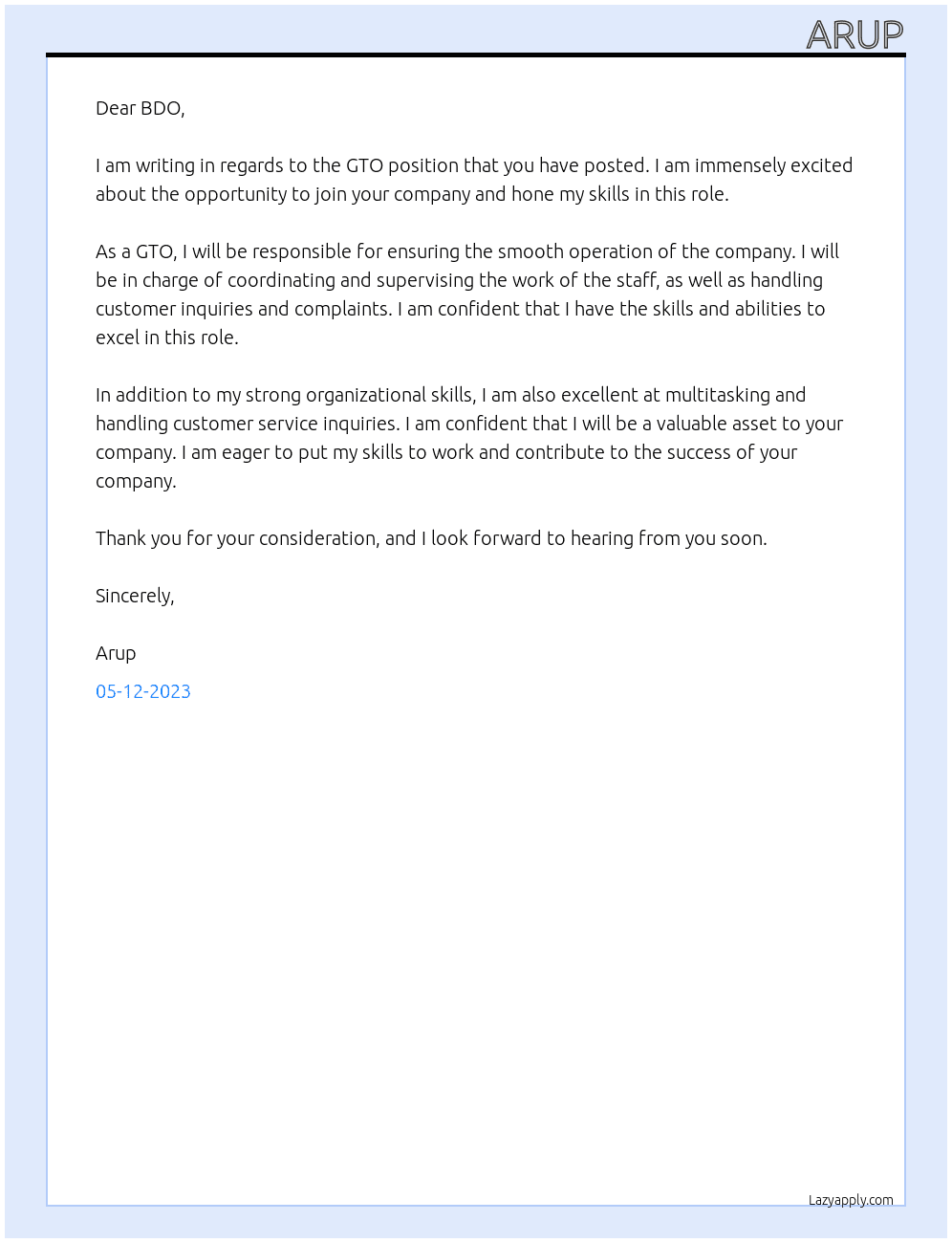 GTO At GTO Cover Letter