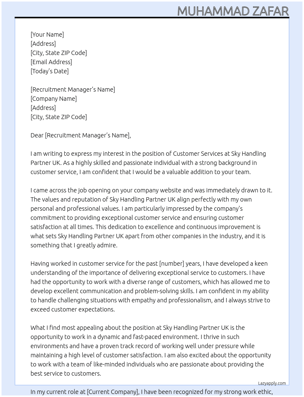 Customer Services At Sky Haandling Partner UK Cover Letter
