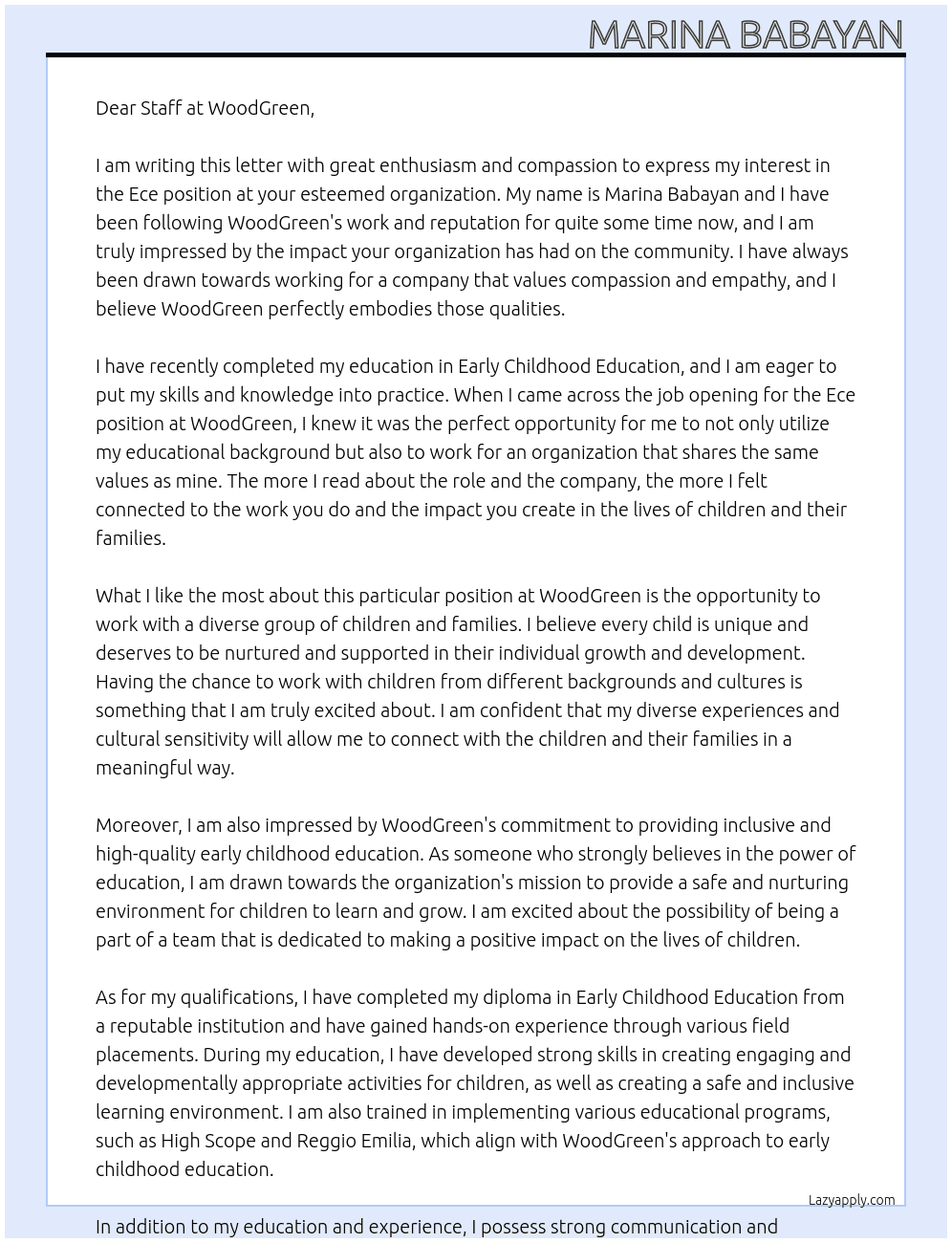 Ece At WoodGreen Cover Letter