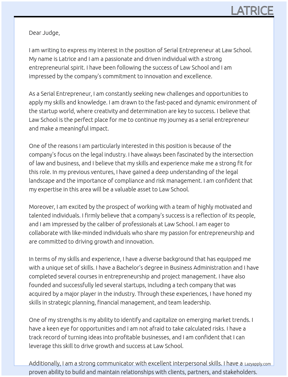 Serial Entrepreneur At Law School Cover Letter