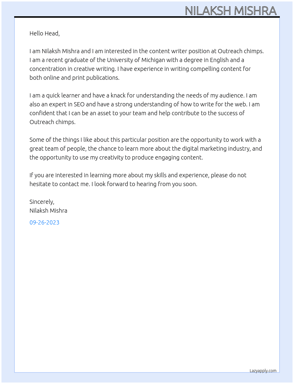 Content writer  At Outreach chimps Cover Letter