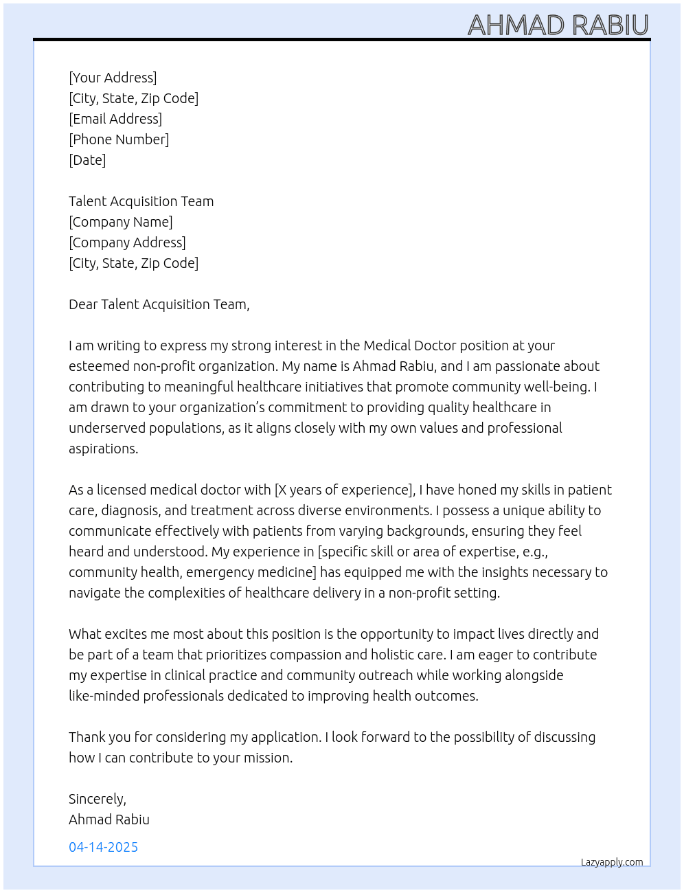 Medical Doctor At Non for profit organization Cover Letter
