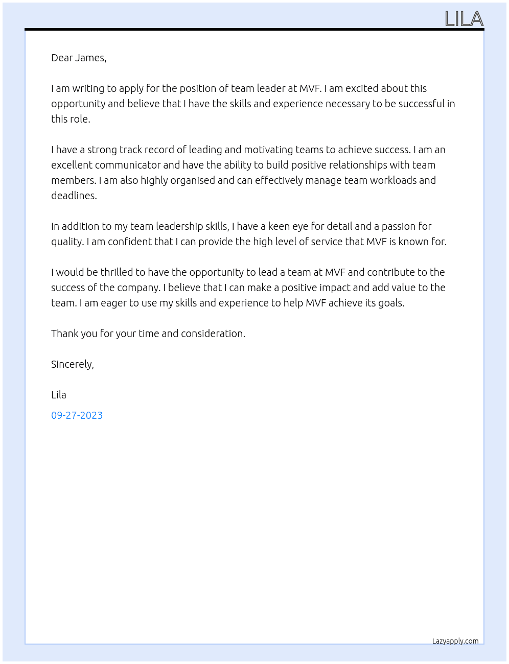 team leader At MVF Cover Letter