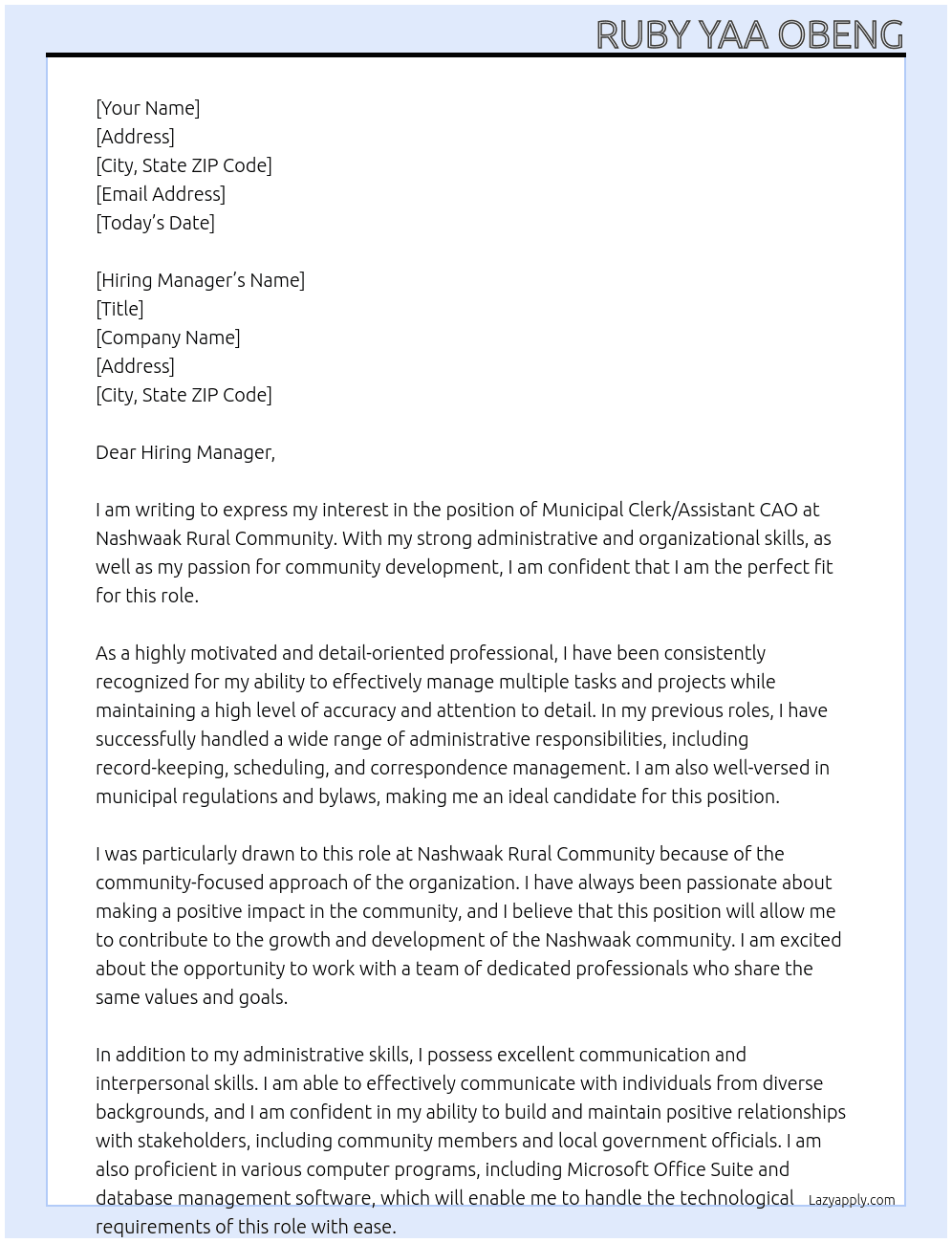 Municipal Clerk/Assistant CAO At Nashwaak Rural Community Cover Letter