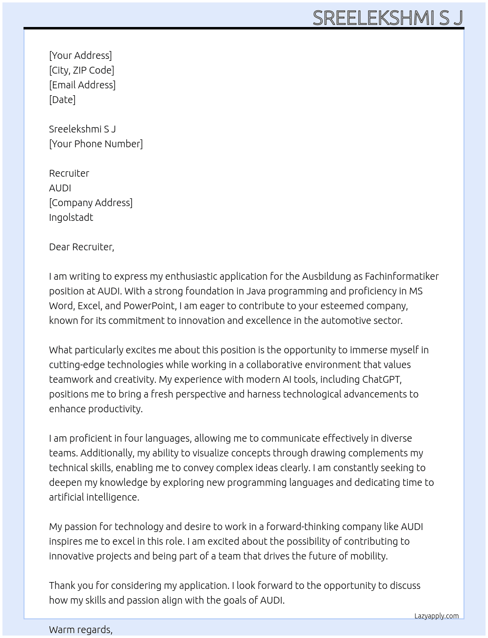audbildung as fachinfomatiker At AUDI Cover Letter