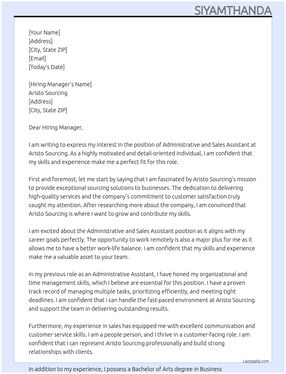 administrative and sales assistant At Aristo sourcing Cover Letter