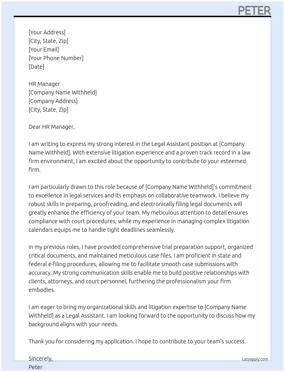 legal assistant  At withheld Cover Letter