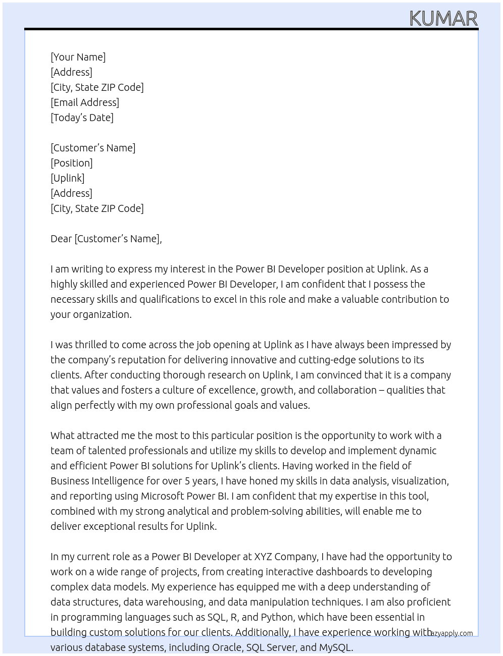 Power bi developer  At Uplink Cover Letter