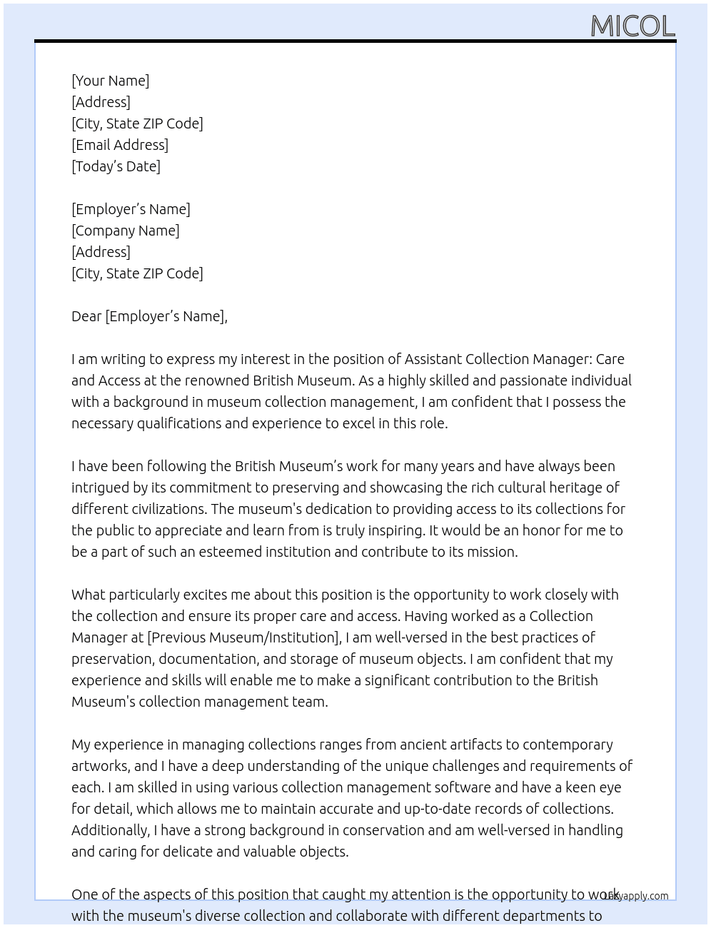 Assistant Collection Manager: Care and Access At british museum Cover Letter