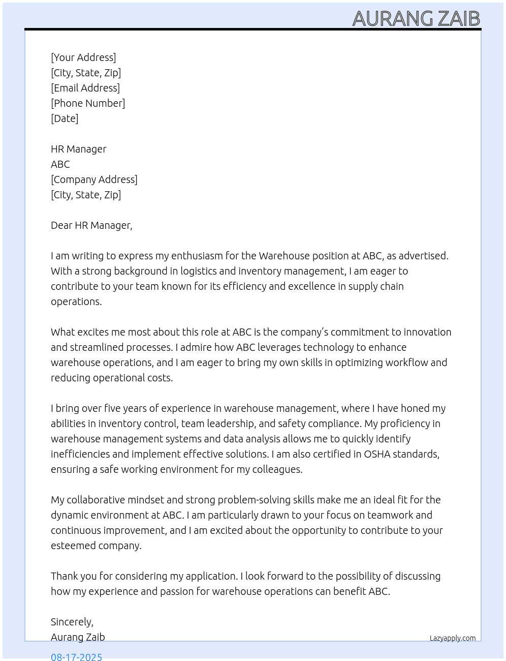 Warehouse At ABC Cover Letter