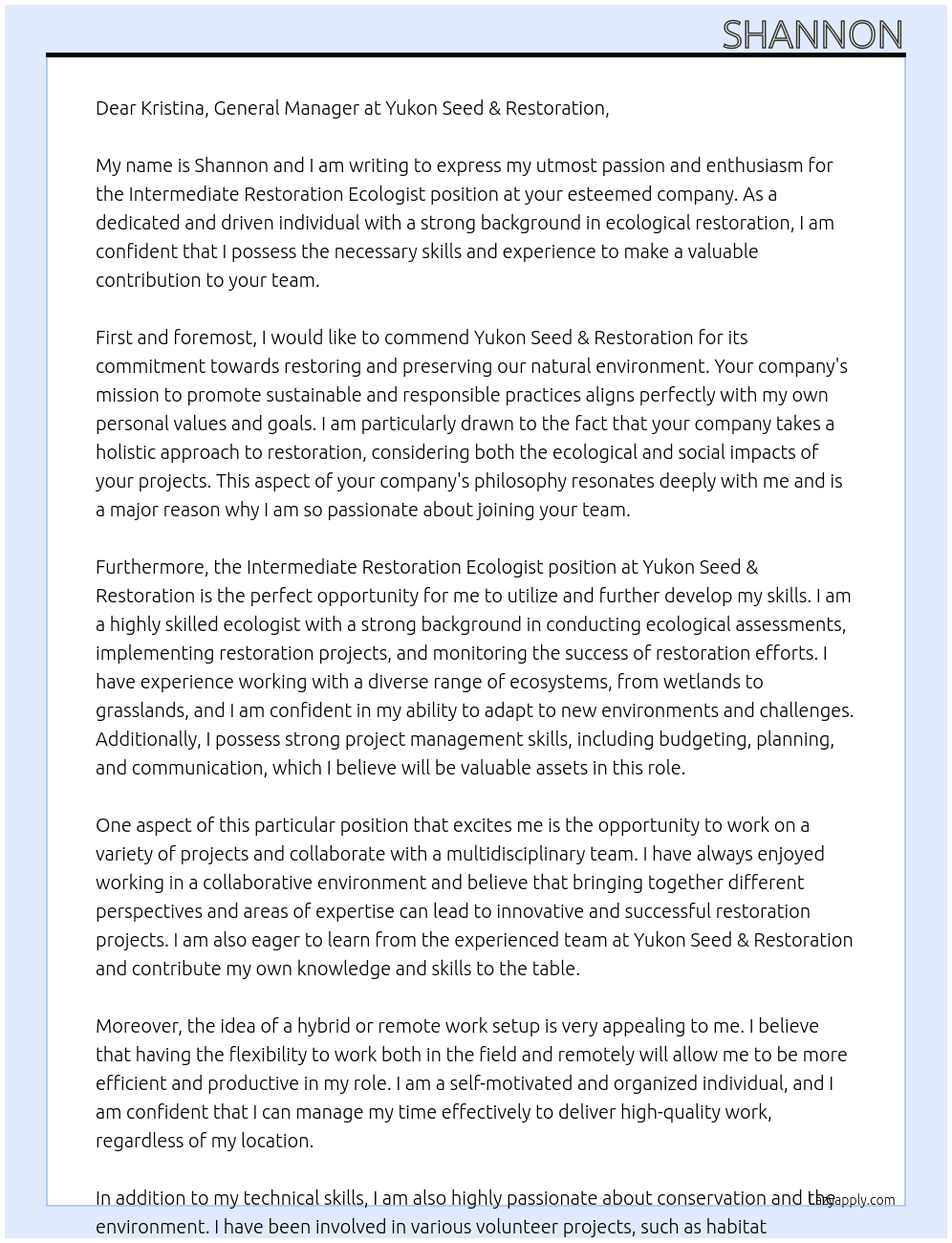 Intermediate Restoration Ecologist At Yukon Seed & Restoration Cover Letter