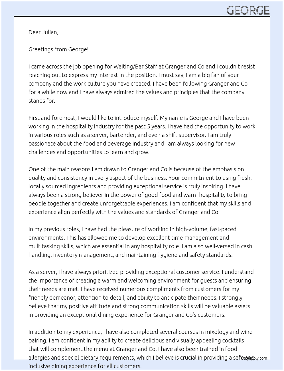 Waiting/Bar Staff At Granger and Co Cover Letter