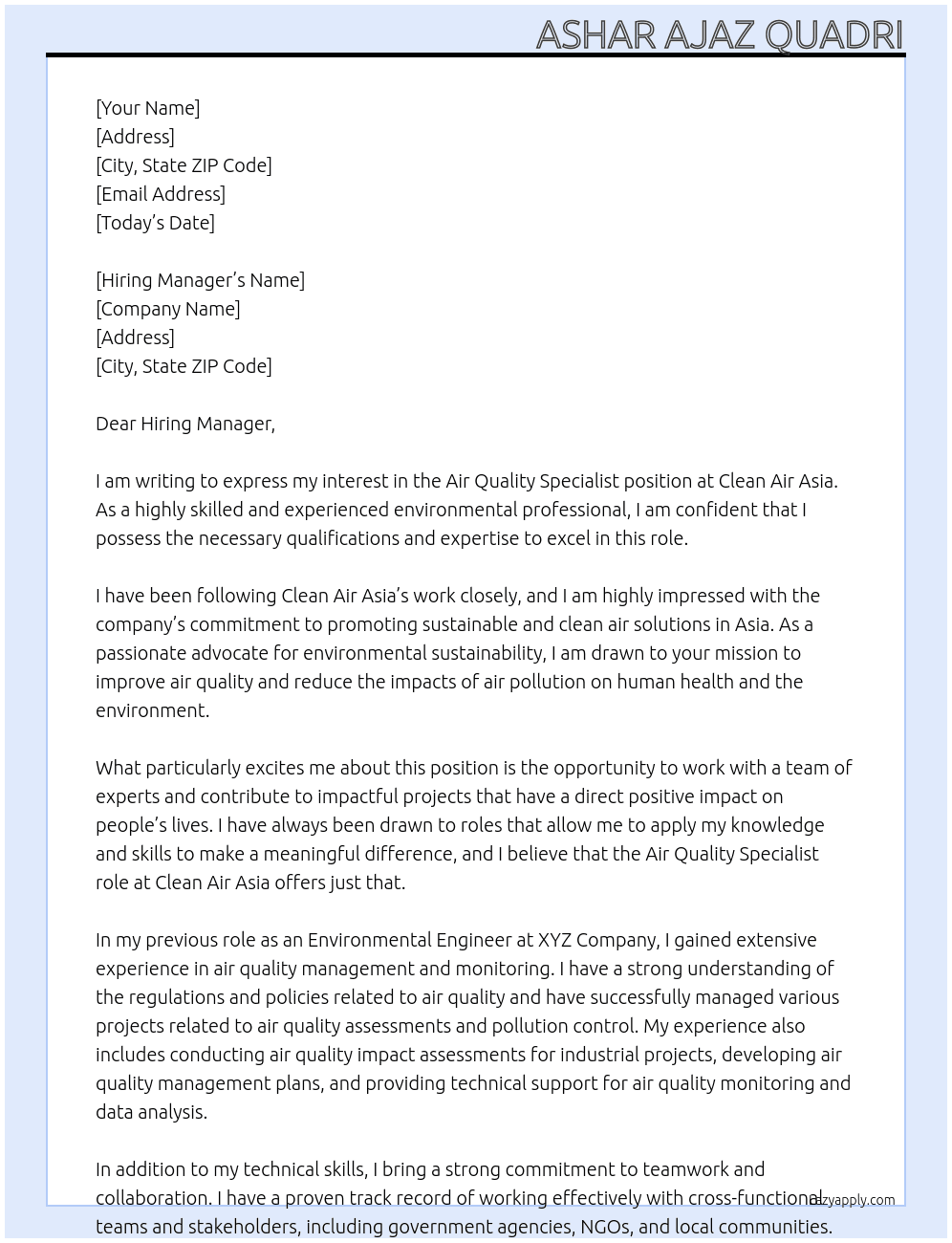 Air Quality Specialist  At Clean Air Asia  Cover Letter