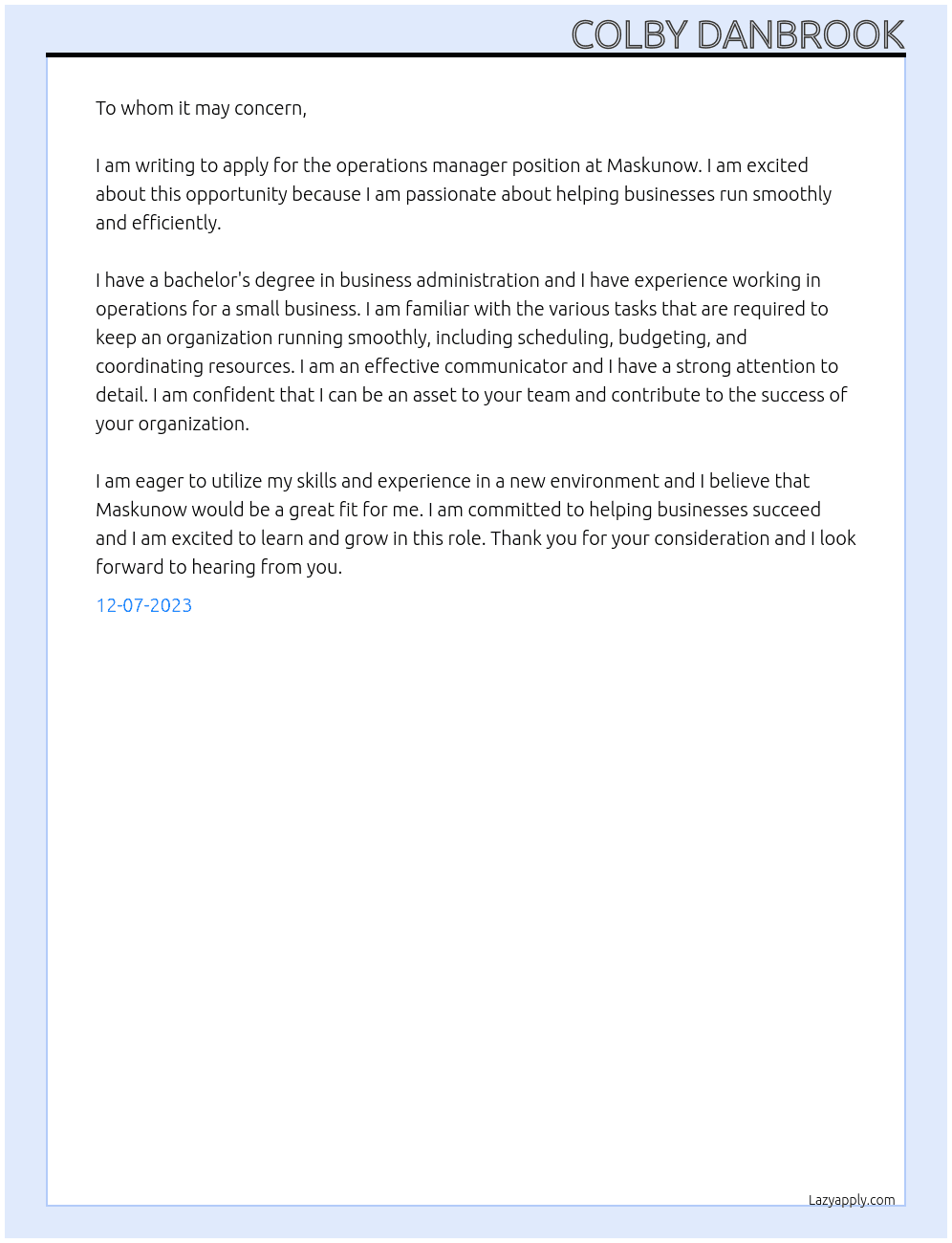 operations manager At Maskunow Cover Letter