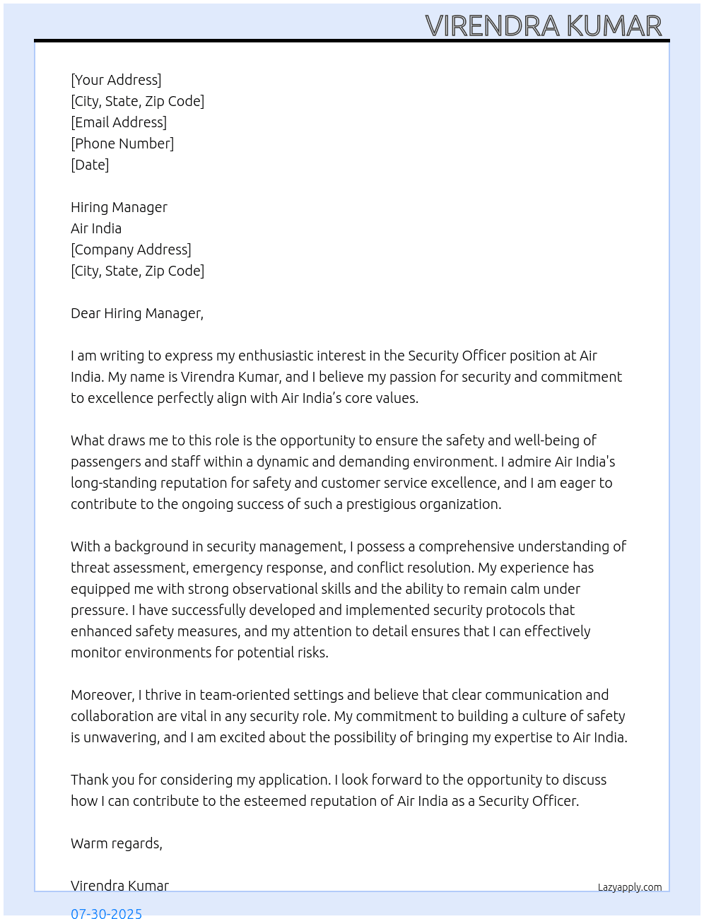 Security officer At AIr India Cover Letter