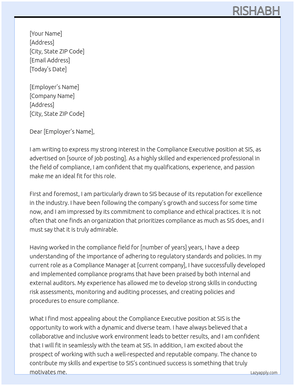 Compliance Executive At SIS Cover Letter