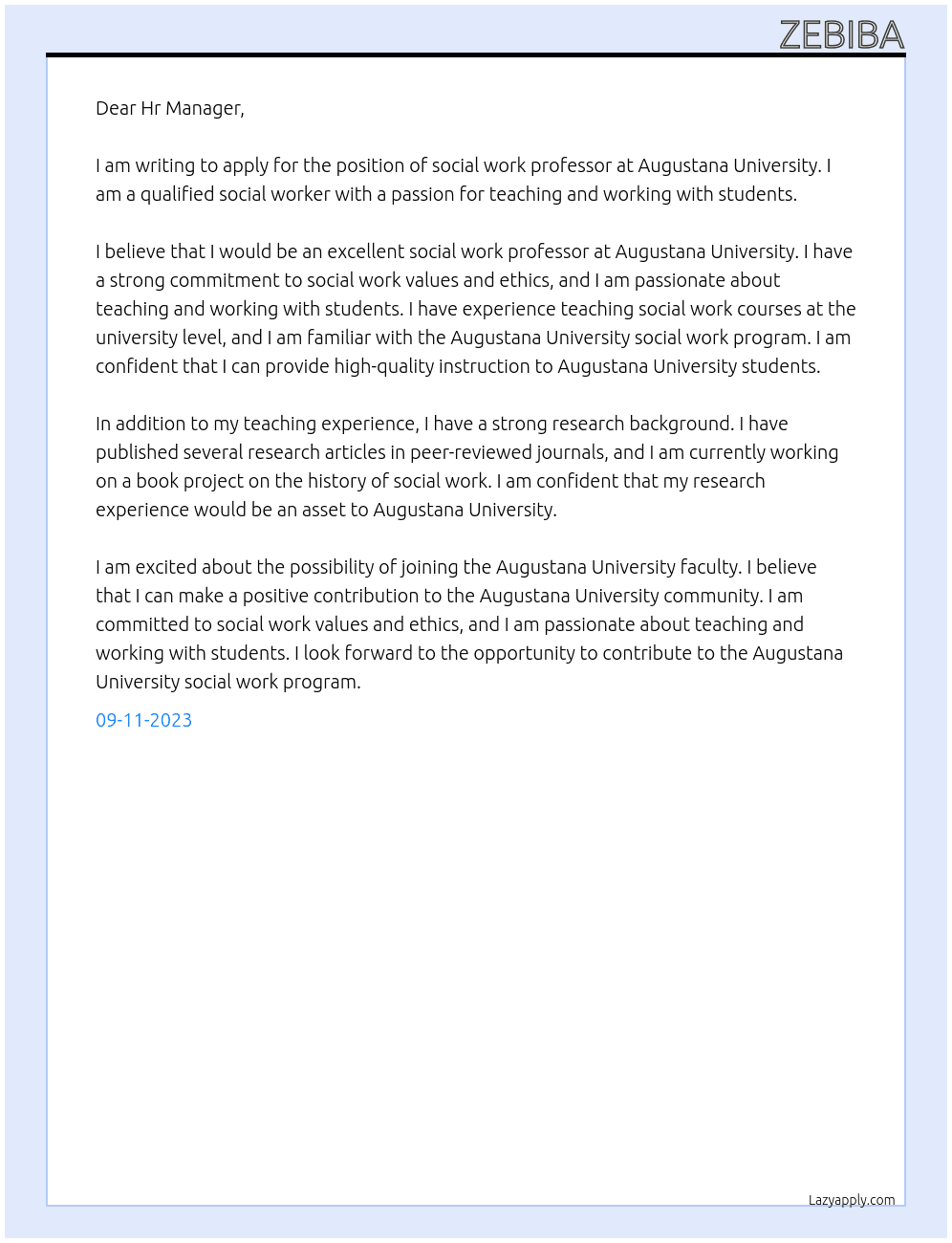social work professor At Augustana University Cover Letter