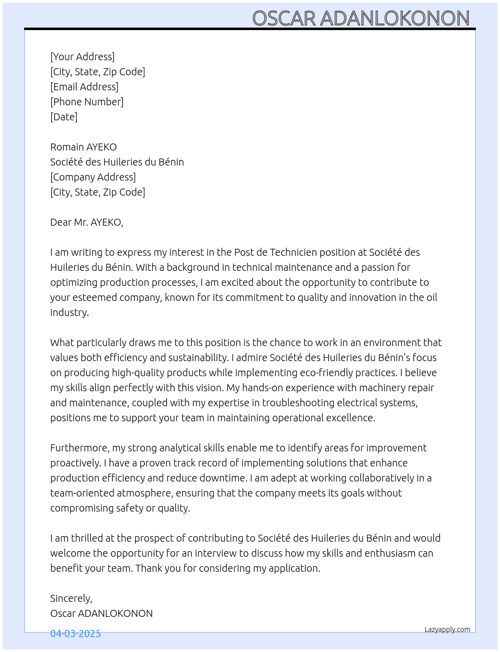 Cover letter for post de technicien - LazyApply